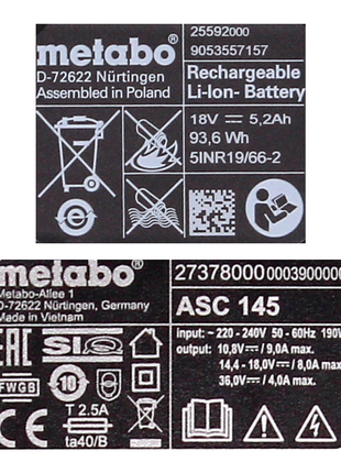 Metabo Akku Basis Set 18V mit 2x Akku 5,2Ah + Ladegerät ASC 145 ( 685051000 ) - Toolbrothers