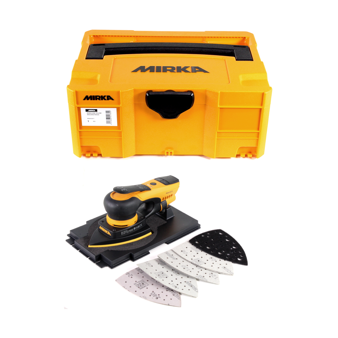 Mirka DEOS Delta-Kit Abranet DEOS 663CV Deltaschleifer 250W 100x152x152mm 3,0mm Hub + 150 Stk. Delta Schleifblätter Grip + systainer ( KIT1908WOMDE ) - Toolbrothers