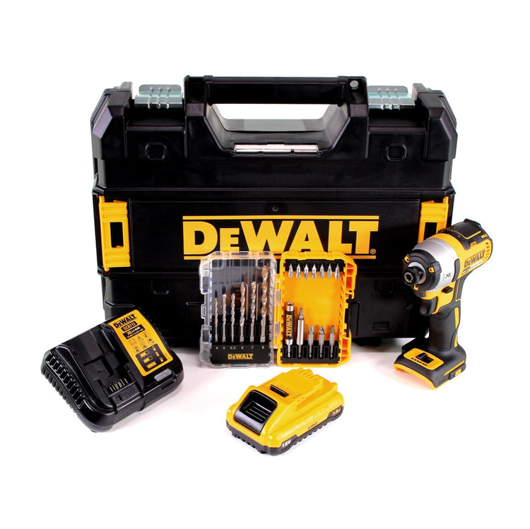 Clé à chocs sans fil DeWalt DCF 887 L1 18V 205Nm 1/4" sans balais + jeu de 19 forets + 1x batterie 3,0Ah + chargeur rapide + TSTAK