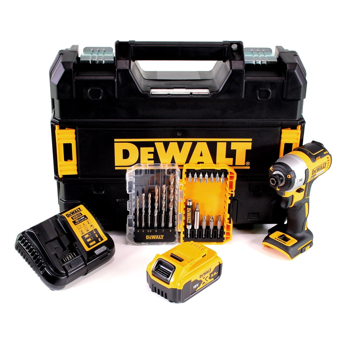 Clé à chocs sans fil DeWalt DCF 887 P1 18V 205Nm sans balais + 19 pièces. Coffret de forets + 1x batterie 5,0Ah + chargeur + TSTAK