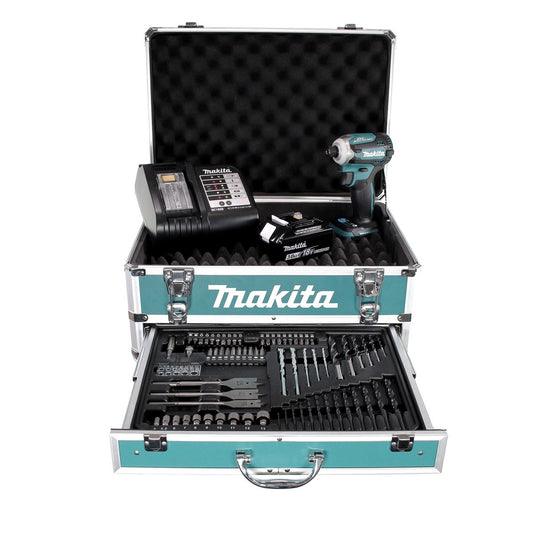 Makita DTD 171 SFX4 Akku Schlagschrauber 18 V 180 Nm 1/4" Brushless + 1x Akku 3,0 Ah + Ladegerät + 70 tlg. Bit Bohrer Set + Koffer