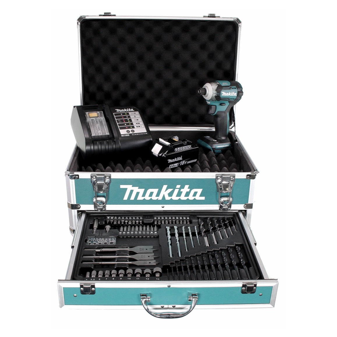 Clé à chocs sans fil Makita DTD 170 SGX4 18V 175Nm sans balais + 1x batterie 6,0Ah + chargeur + 70 pièces. Coffret forets + coffret