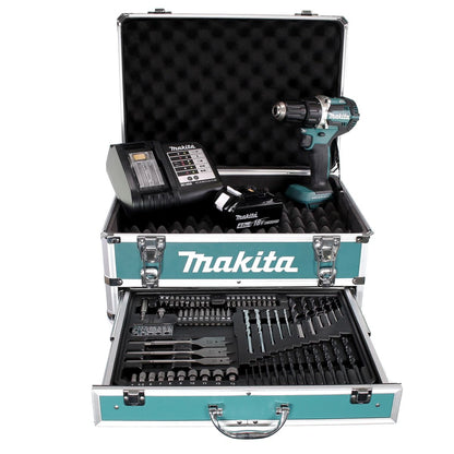 Clé à chocs sans fil Makita DDF 484 SMX4 18 V 54 Nm sans balais + 1x batterie 4,0 Ah + chargeur + 70 pièces. Coffret forets + coffret