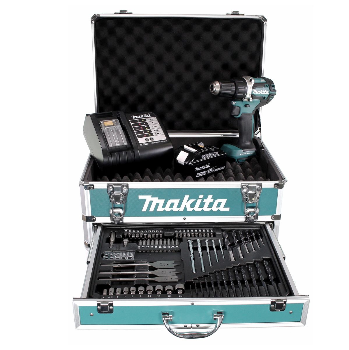 Clé à chocs sans fil Makita DDF 484 SGX4 18 V 54 Nm sans balais + 1x batterie 6,0 Ah + chargeur + 70 pièces. Coffret forets + coffret