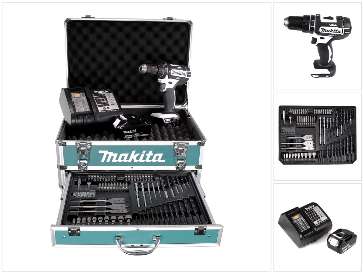 Makita DHP 482 W SMX4 Akku Schlagbohrschrauber 18 V 62Nm + 1x Akku 4,0Ah + Ladegerät + 70tlg. Bit Bohrer Set + Koffer