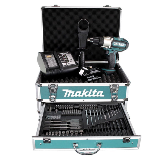 Perceuse-visseuse sans fil Makita DDF 451 SFX4 18 V 80 Nm + 1x batterie 3,0 Ah + chargeur + 70 pièces. Coffret forets + coffret