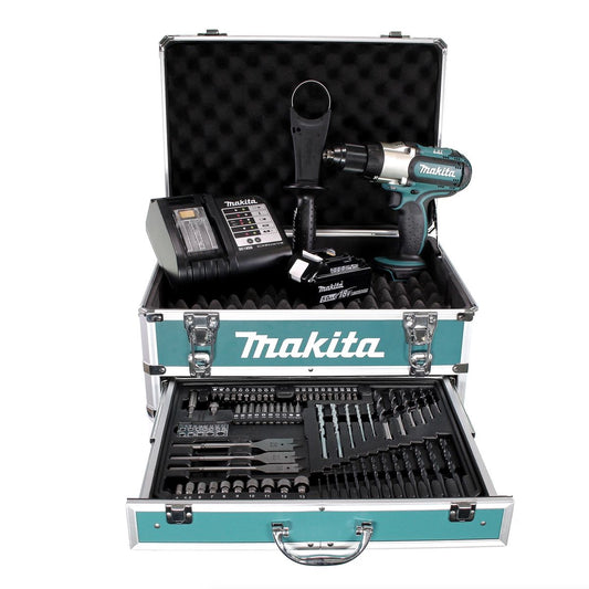 Perceuse-visseuse sans fil Makita DDF 451 STX4 18 V 80 Nm + 1x batterie 5,0 Ah + chargeur + 70 pièces. Coffret forets + coffret