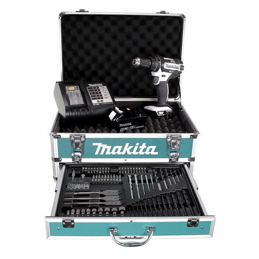 Makita DHP 482 W STX4 Akku Schlagbohrschrauber 18 V 62Nm + 1x Akku 5,0Ah + Ladegerät + 70tlg. Bit Bohrer Set + Koffer