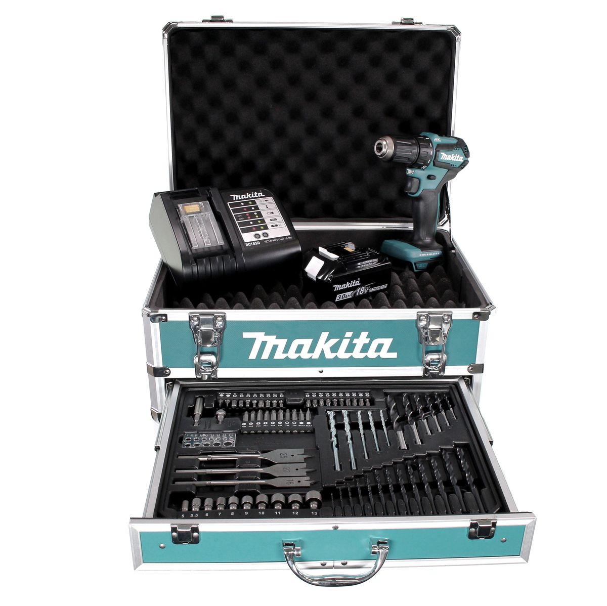 Makita DDF 483 SFX4 perceuse-visseuse sans fil 18 V 40 Nm sans balais + 1x batterie 3,0 Ah + chargeur + 70 pièces. Coffret forets + coffret