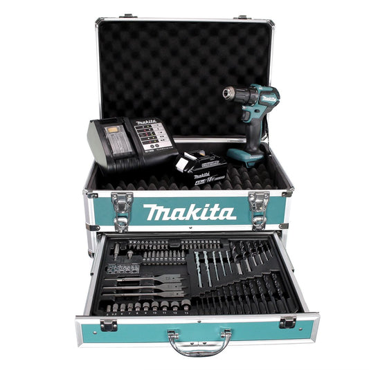 Makita DDF 483 SMX4 Akku Bohrschrauber 18 V 40Nm Brushless + 1x Akku 4,0Ah + Ladegerät + 70tlg. Bit Bohrer Set + Koffer