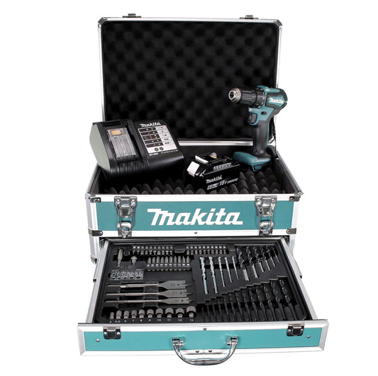 Makita DDF 483 SGX4 perceuse-visseuse sans fil 18 V 40 Nm sans balais + 1x batterie 6,0 Ah + chargeur + 70 pièces. Coffret forets + coffret