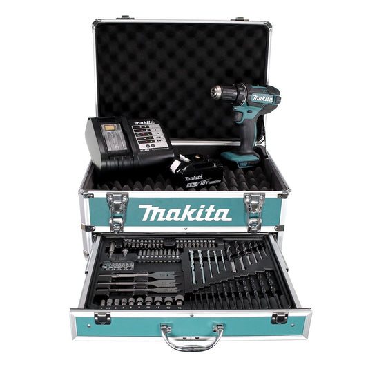 Perceuse-visseuse sans fil Makita DDF 482 SGX4 18 V 62 Nm + 1x batterie 6,0 Ah + chargeur + 70 pièces. Coffret forets + coffret