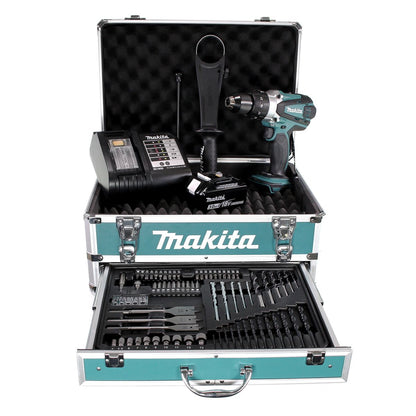 Makita DHP 458 SFX4 Akku Schlagbohrschrauber 18 V 91Nm + 1x Akku 3,0Ah + Ladegerät + 70tlg. Bit Bohrer Set + Koffer