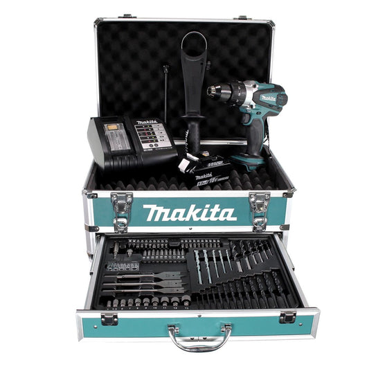 Makita DHP 458 STX4 Akku Schlagbohrschrauber 18 V 91Nm + 1x Akku 5,0Ah + Ladegerät + 70tlg. Bit Bohrer Set + Koffer