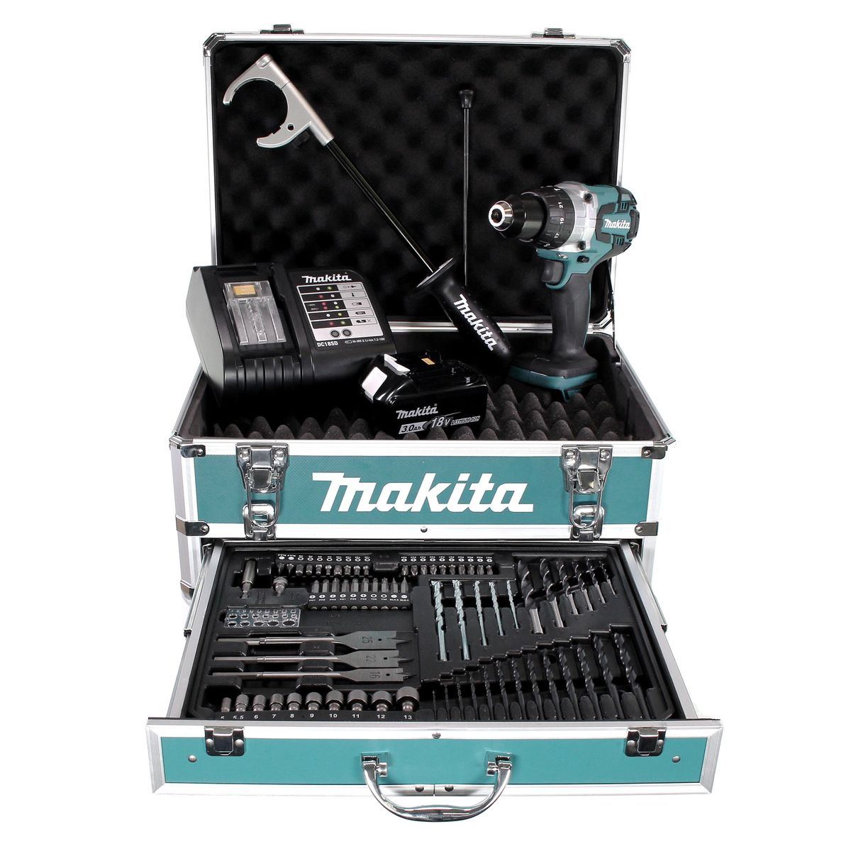 Perceuse à percussion sans fil Makita DHP 481 SFX4 18 V 115 Nm + 1x batterie 3,0 Ah + chargeur + 70 pièces. Coffret forets + coffret