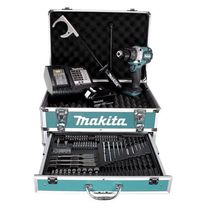 Perceuse à percussion sans fil Makita DHP 481 STX4 18 V 115 Nm + 1x batterie 5,0 Ah + chargeur + 70 pièces. Coffret forets + coffret