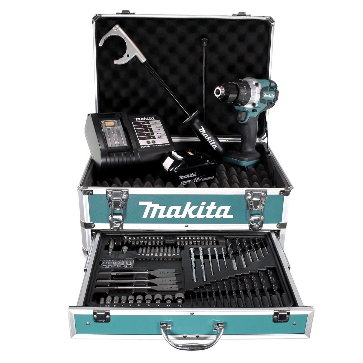 Makita DHP 481 SGX4 Akku Schlagbohrschrauber 18 V 115Nm + 1x Akku 6,0Ah + Ladegerät + 70tlg. Bit Bohrer Set + Koffer