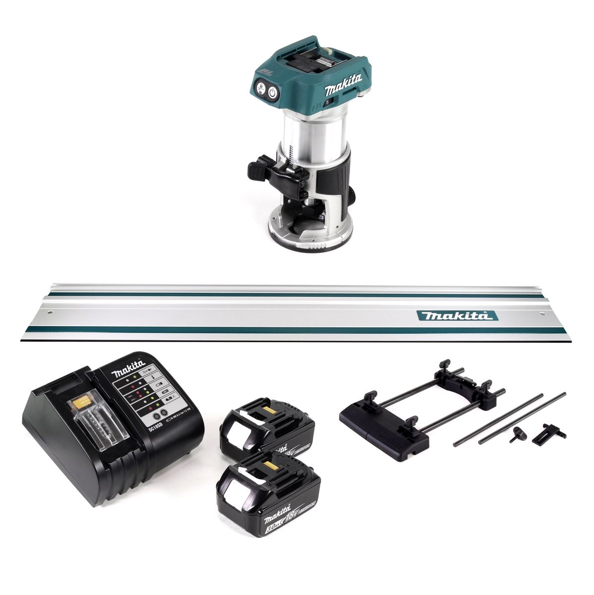 Fraiseuse multifonctionnelle à batterie Makita DRT 50 SF 18V sans balais + 2x batteries 3,0Ah + chargeur + adaptateur de rail de guidage + rail de guidage 1000mm