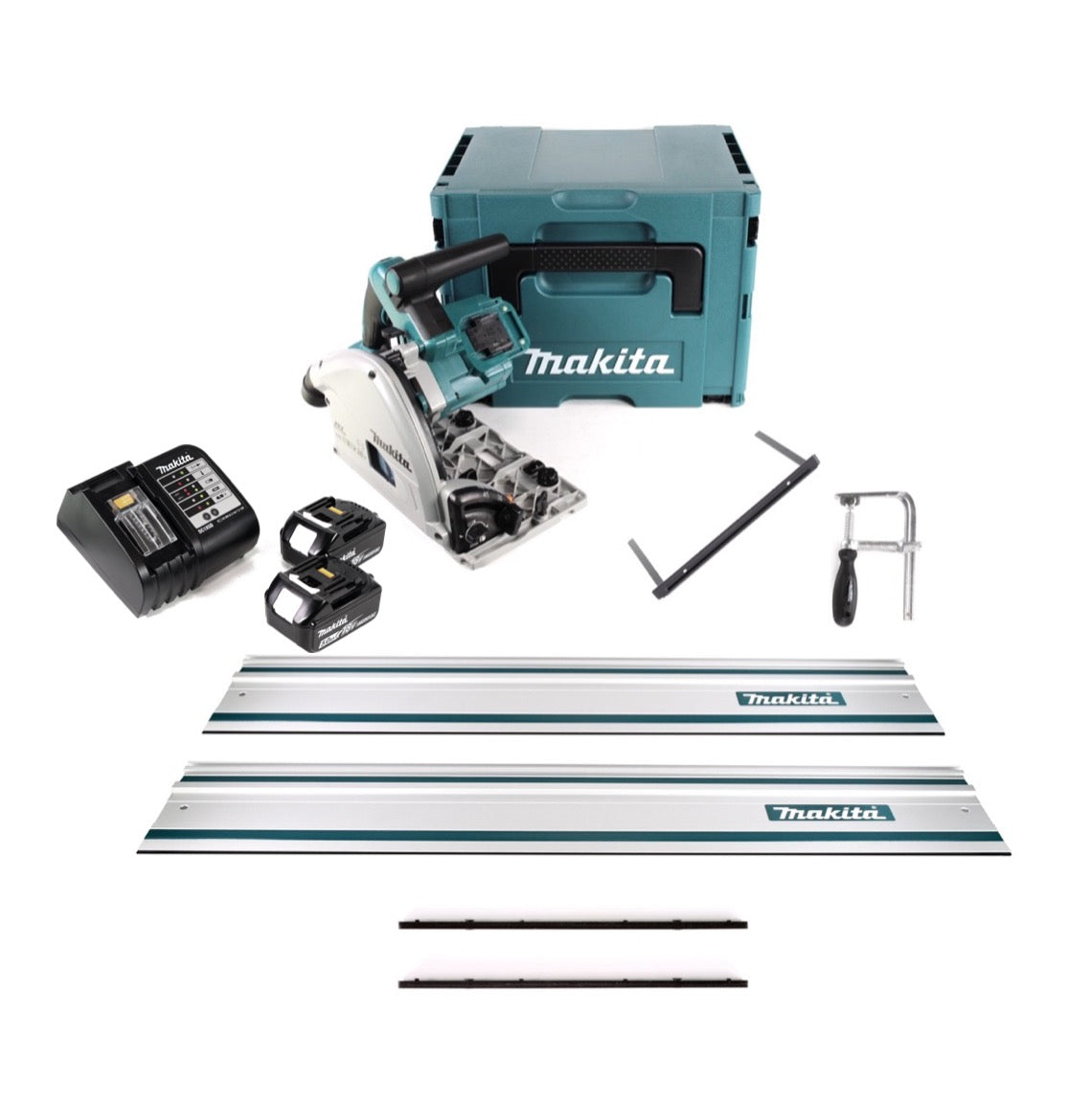 Makita DSP 600 STJ Akku Tauchsäge 36V (2x 18V) Brushless + 2x Führungschiene + Parallelanschlag + Schraubzwingen + Führungsschienenverbinder + 2x Akku 5,0Ah + Ladegerät  + Makpac