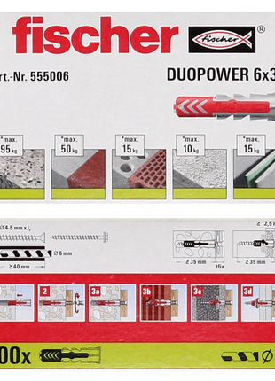 Cheville à expansion Fischer DUOPOWER 6x30mm 500 pièces (5x 555006)