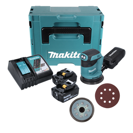 Makita DBO 180 RTJ Akku Exzenterschleifer 18 V 125 mm + 2x Akku 5,0 Ah + Ladegerät + Schleifteller + 10x Schleifpapier K80 + Makpac