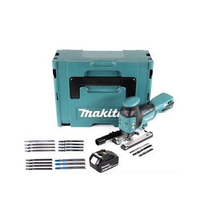 Makita DJV 181 T1J scie sauteuse pendulaire à batterie 18V brushless + 1x batterie 5,0Ah + Bosch 15 pièces. Jeu de lames de scie sauteuse + Makpac - sans chargeur