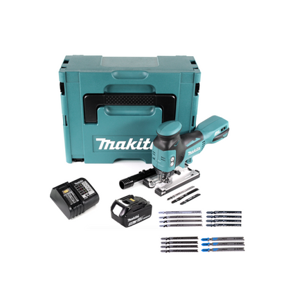 Makita DJV 181 ST1J scie sauteuse pendulaire à batterie 18V brushless + 1x batterie 5,0Ah + Bosch 15 pièces. Jeu de lames de scie sauteuse + Makpac + chargeur