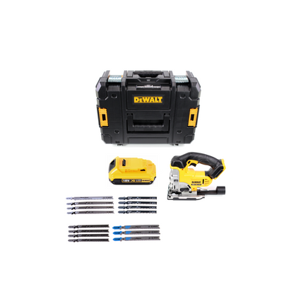 Scie sauteuse sans fil DeWalt DCS 331 N + 1 batterie 2 Ah + jeu de lames de scie sauteuse Bosch + TSTAK - sans chargeur