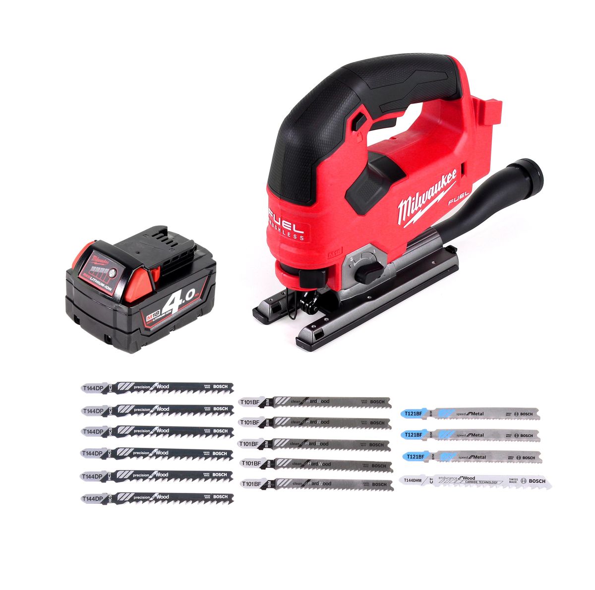 Scie sauteuse Milwaukee M18 FJS-401 18V brushless + 1x batterie 4,0Ah + 16x lame de scie sauteuse - sans chargeur