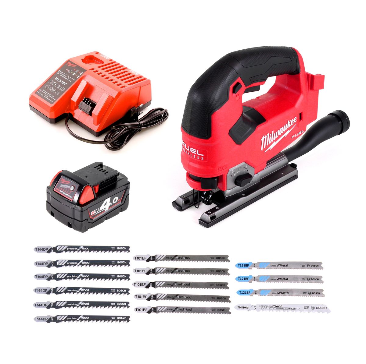 Milwaukee M18 FJS-401 C  Stichsäge 18V Brushless + 1x Akku 4,0Ah + Ladegerät + 16x Stichsägeblatt