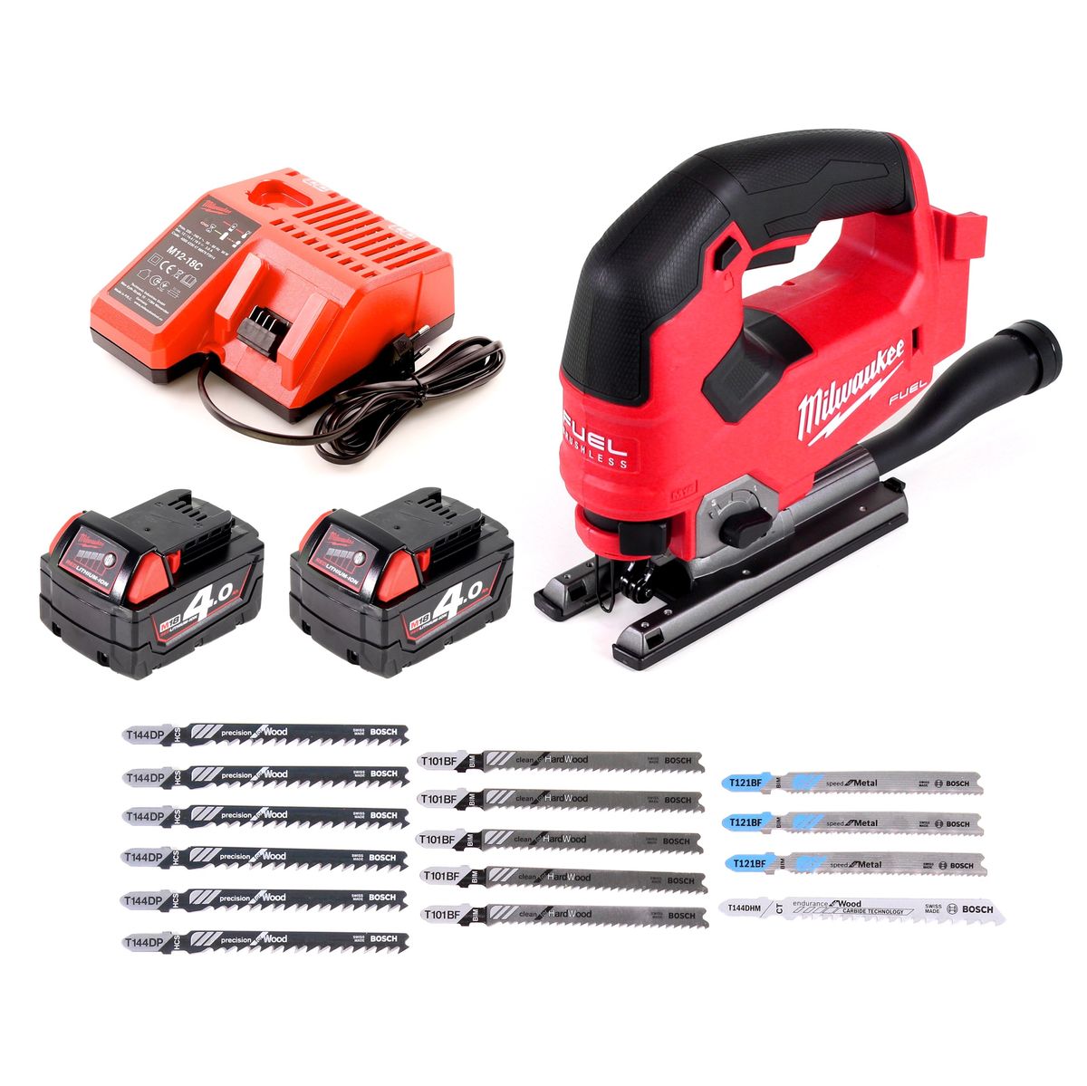 Milwaukee M18 FJS-402 C  Stichsäge 18V Brushless + 2x Akku 4,0Ah + Ladegerät + 16x Stichsägeblatt