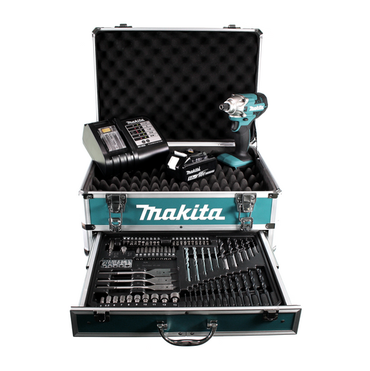 Makita DTD 156 ST1X4 clé à chocs sans fil 18V 155Nm + 1x batterie 5,0Ah + chargeur + jeu de 70 forets + coffret à outils en aluminium X4 avec insert universel