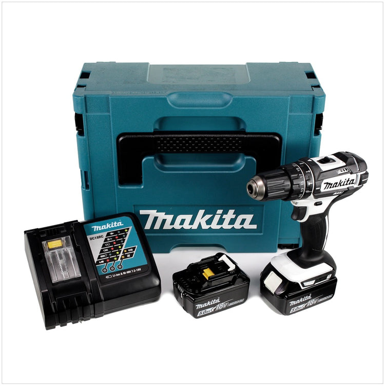 Makita DHP 482 RTJ W Akku Schlagbohrschrauber 18 V 62Nm + 2x Akkus 5,0Ah + Ladegerät im Makpac 2 - Toolbrothers