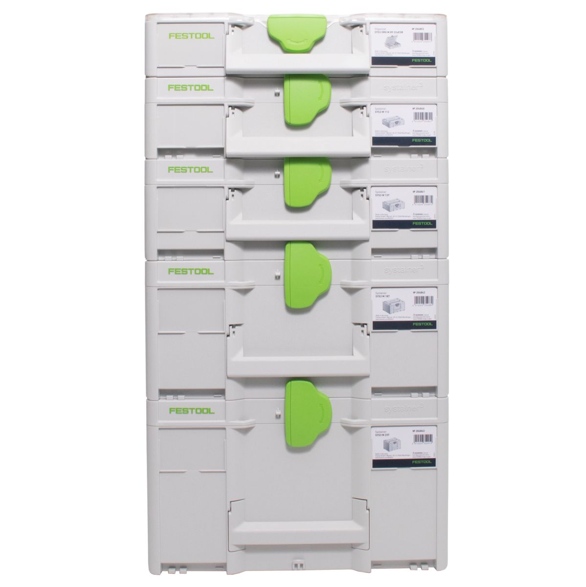 Festool Systainer Set SYS3 M 237 ( 204843 ) + SYS3 M 112 ( 204840 ) + SYS3 M 137 ( 204841 ) + SYS3 M 187 ( 204842 ) + SYS3 ORG M 89 Organizer ( 204853 ) koppelbar