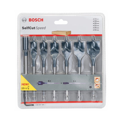 Bosch Self Cut Speed Set: Mèches plates 16/18/20/22/25/32mm, 7 pcs. + Rallonge 1/4" (2608587009)