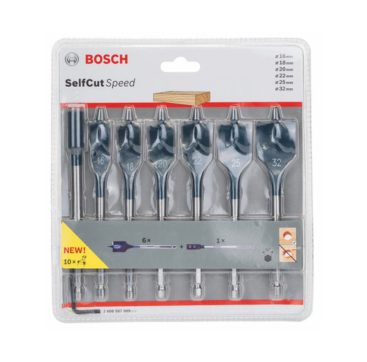 Bosch Self Cut Speed Flachfräß Bohrer Set 7tlg. 16/18/20/22/25/32mm + Verlängerung 1/4" ( 2608587009 )