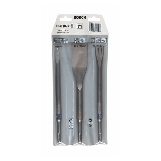 Bosch Meißel Set SDS-plus 3tlg. ( 2607019159 ) Flach / Spitz / Fließenmeißel Long Life selbstschärfend