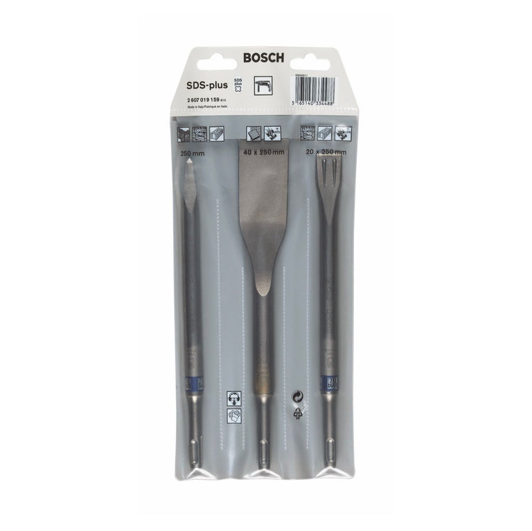 Bosch Meißel Set SDS-plus 3tlg. ( 2607019159 ) Flach / Spitz / Fließenmeißel Long Life selbstschärfend