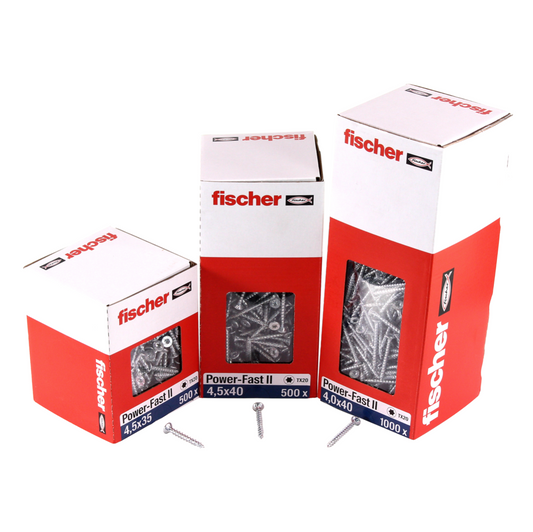 Fischer Power-Fast II FPF II Spanplattenschraube 4,5x40 mm 500 Stück ( 670261 ) Senkkopf mit Torx Vollgewinde galvanisch verzinkt, blau passiviert