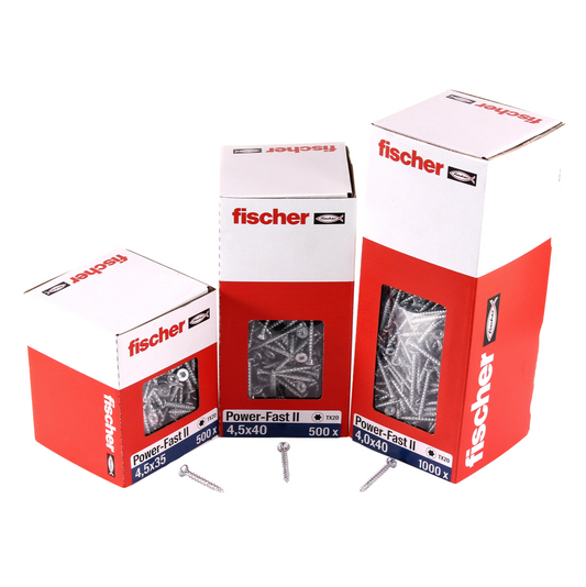 Fischer Power-Fast II FPF II Vis à bois aggloméré 4,0x45 mm, 200 pcs. Tête fraisée avec empreinte Torx, filetage total, zingué et passivé bleu (670161)