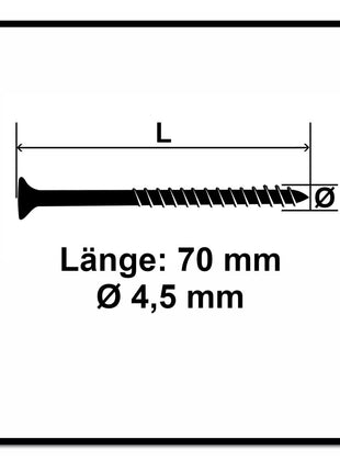 Fischer Power-Fast II FPF II Vis à bois aggloméré 4,5x70mm, Tête fraisée, Torx, Filetage partiel, Zingué et passivé bleu, 500 pcs. (670277)