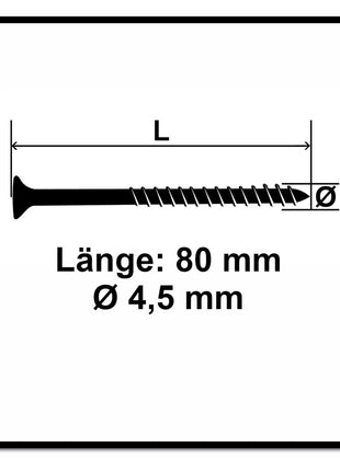 Fischer Power-Fast II FPF II Vis à bois aggloméré 4,5x80mm, Tête fraisée, Torx, Filetage partiel, Zingué et passivé bleu, 500 pcs. (670280)