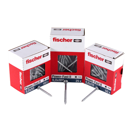 Fischer Vis pour panneaux de particules Power-Fast II FPF II 5.0x90 mm - 100 pièces (670384) tête fraisée + Filetage partiel Torx, zinguée, passivée bleue