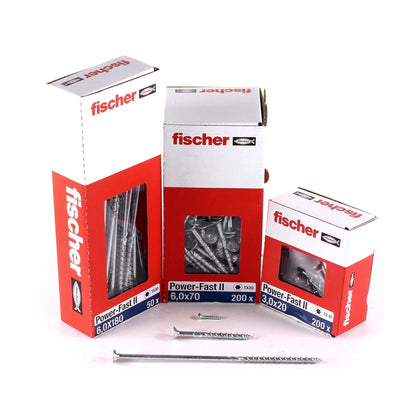 Fischer Power-Fast II FPF II Vis à bois aggloméré 6,0x240 mm, 50 pcs., tete fraisée, empreinte Torx, filetage partiel, zingué et passivé bleu  ( 670469 )