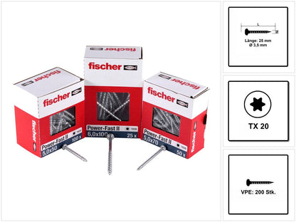 Fischer Power-Fast II FPF II Spanplattenschraube 3,5x25 mm 200 Stück ( 670101 ) Pan Head mit Torx Vollgewinde galvanisch verzinkt, blau passiviert