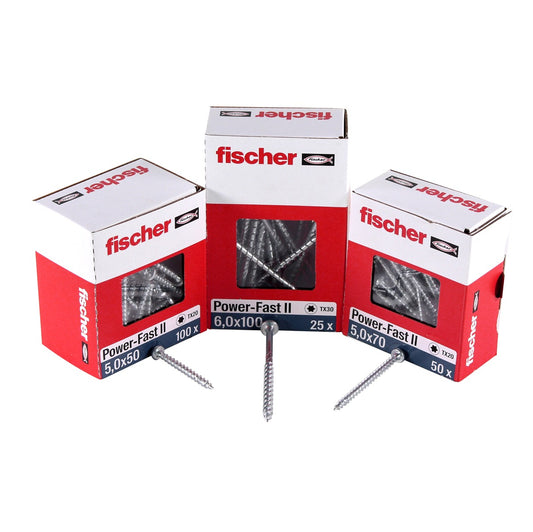 Fischer Power-Fast II FPF II Vis à bois aggloméré 6,0x100 mm, 25 pcs., tête ronde, empreinte Torx, filetage partiel, zingué et passivé bleu ( 670533 )