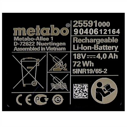 Metabo Set de batterie : 4x Batteries Li-Power 4,0 Ah 18 V CAS Li-Ion - indicateur de capacité de charge (4x 625591000)