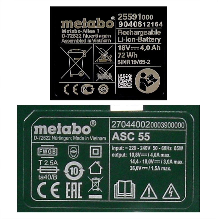 Metabo Kit de base - 1x Batterie Li-Power 18 V 4,0 Ah CAS Li-Ion ( 625591000 ) + Chargeur ASC 55 ( 627044000 )