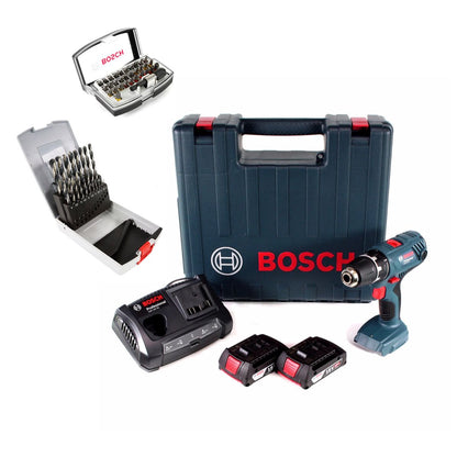 Perceuse-visseuse sans fil Bosch GSR 18V-21 18V 55Nm (06019H1070) + 2x batterie 2,0Ah + chargeur + 19 pièces. Coffret de forets + jeu d'embouts 32 pièces + coffret