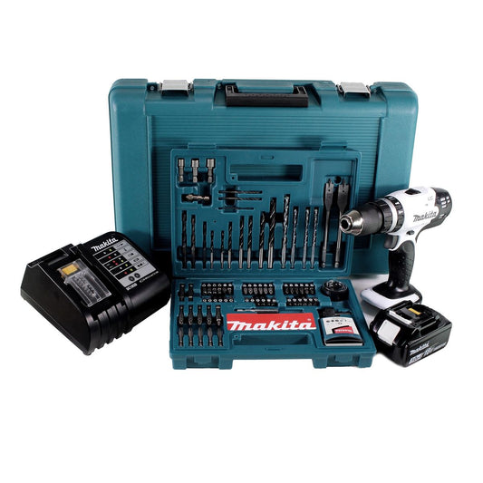 Makita DHP 453 SFTK W Perceuse-visseuse à percussion sans fil 18V 42Nm + 1x Batterie 3,0Ah + Chargeur rapide + 100x pièces Ensemble foret + Coffret de transport